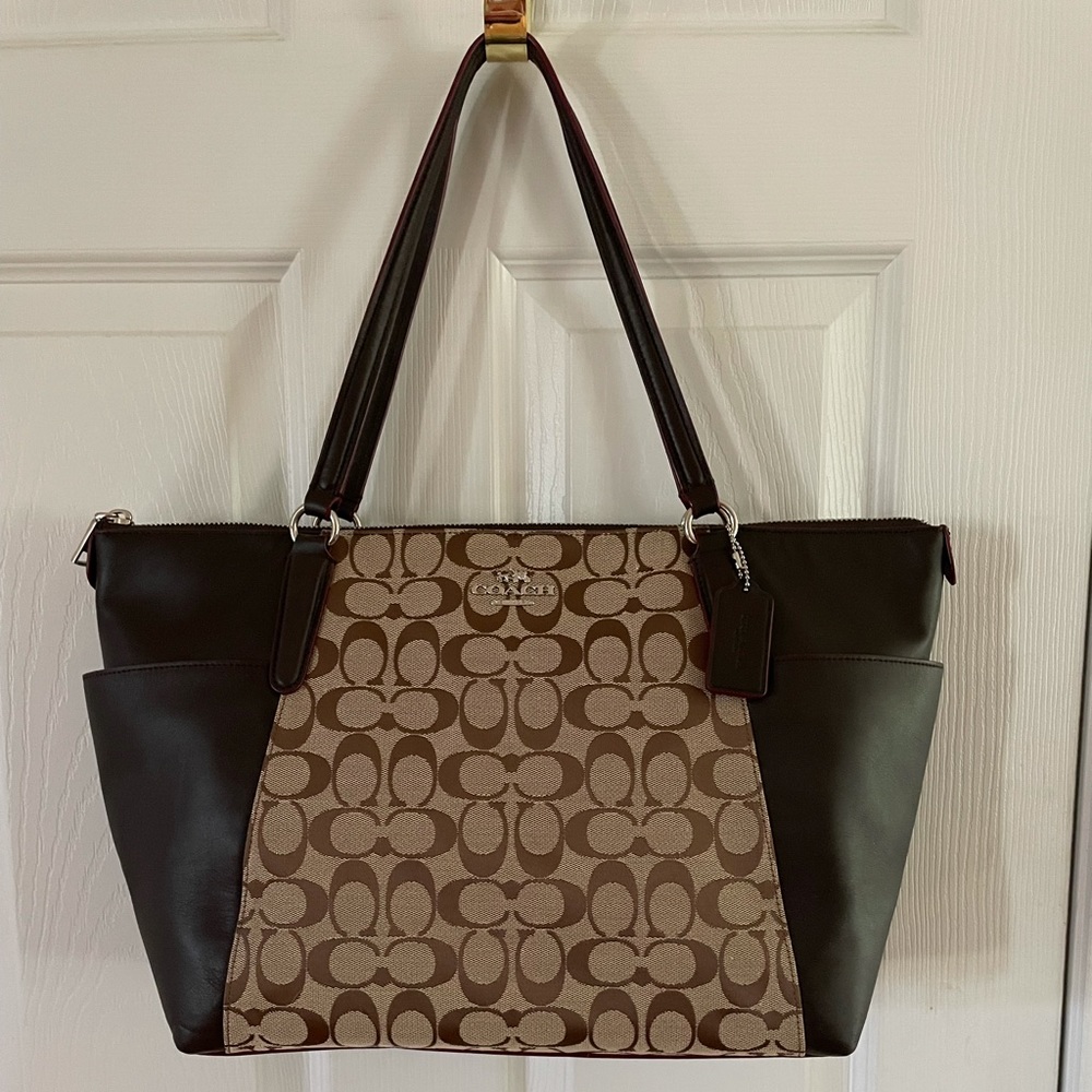 Coach Ava Khaki Signature, Brown Leather with Mahogany Trim Tote